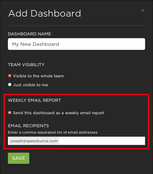 Add Dashboard form with Weekly Email Report section highlighted